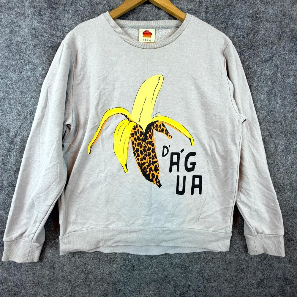 Farm Rio Sweatshirt Womens XS Grey Banana Graphic Cotton Fleece Lined Crew Neck